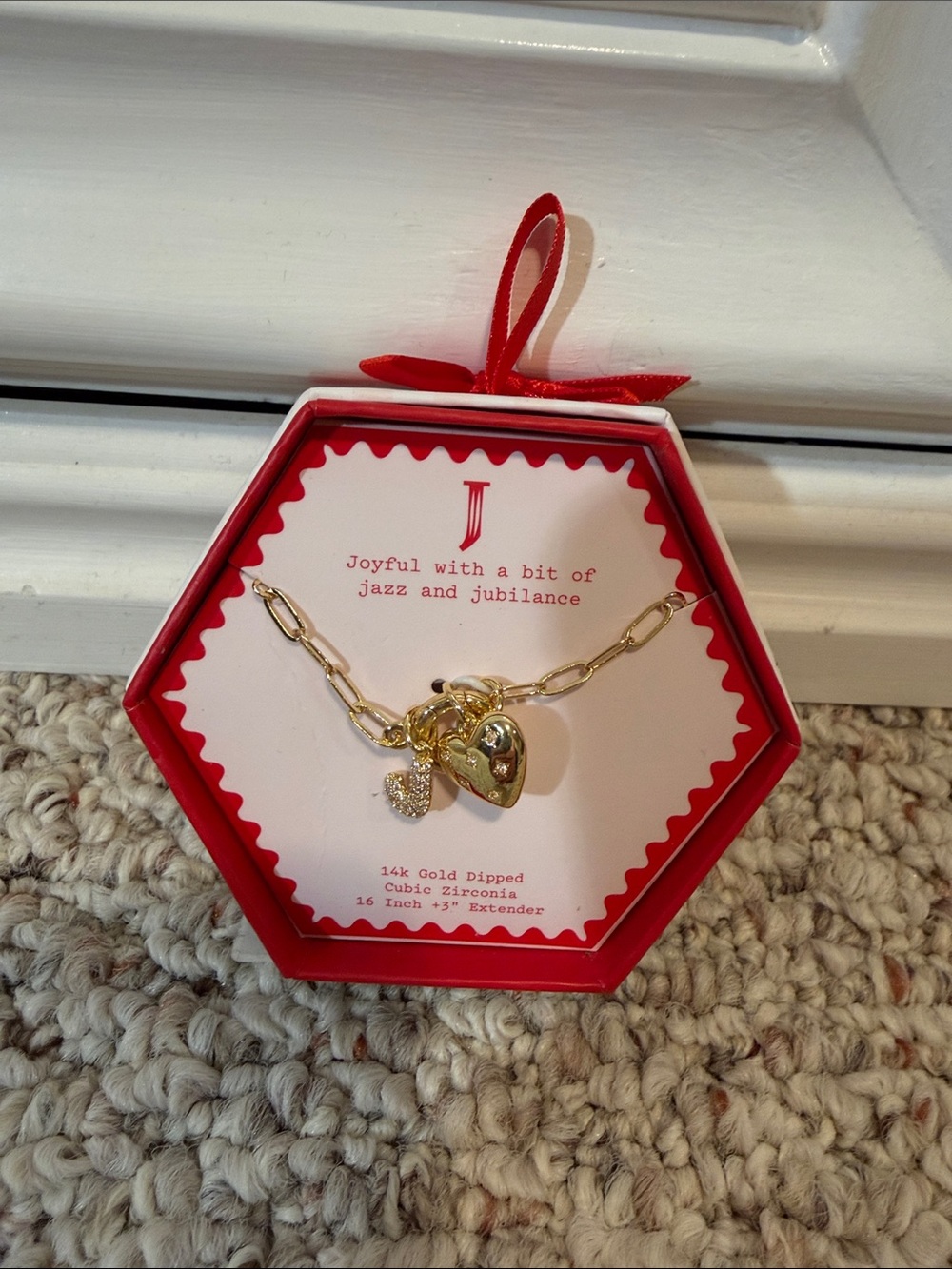 a new day Gold Heart Charm Link and J Initial Necklace with CZ Accent